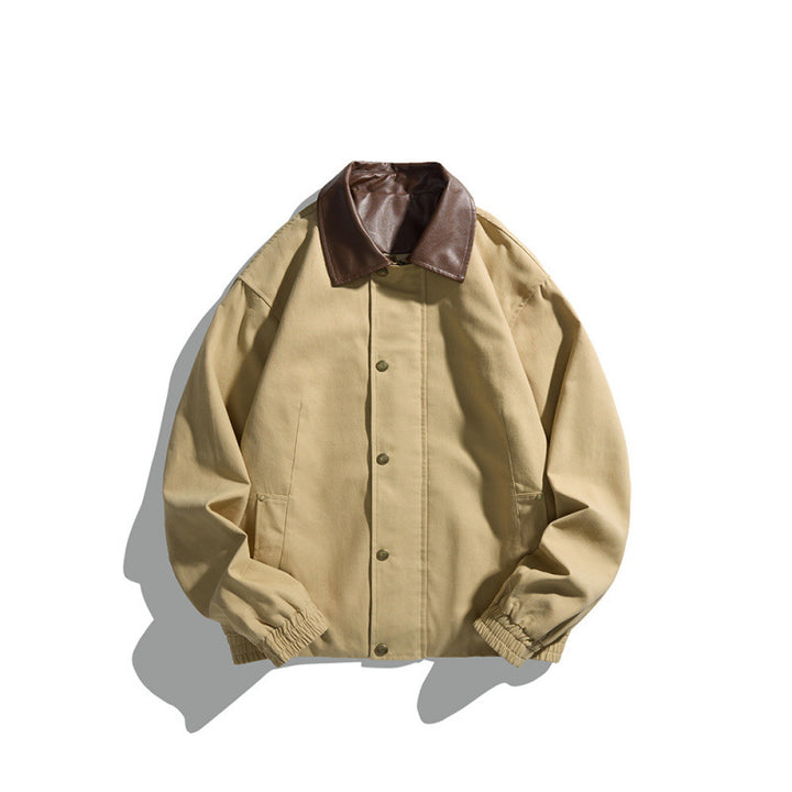 Men's short-cut blouson jacket with faux leather collar, snap button placket, and elastic cuffs Mune Fashion