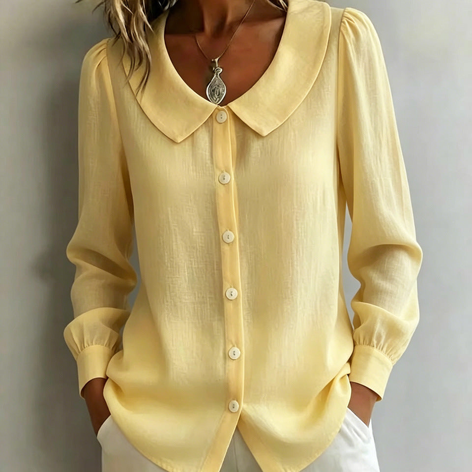 Women Loose Fit Blouse with Round Collar, Puff Sleeves and Pearl Button Placket Mune Fashion
