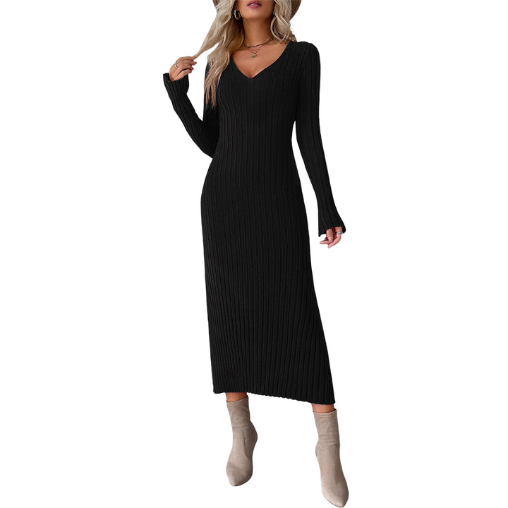 Women's tailored ribbed midi dress with deep V-neck, figure-flattering seam detailing, and long sleeves Mune Fashion