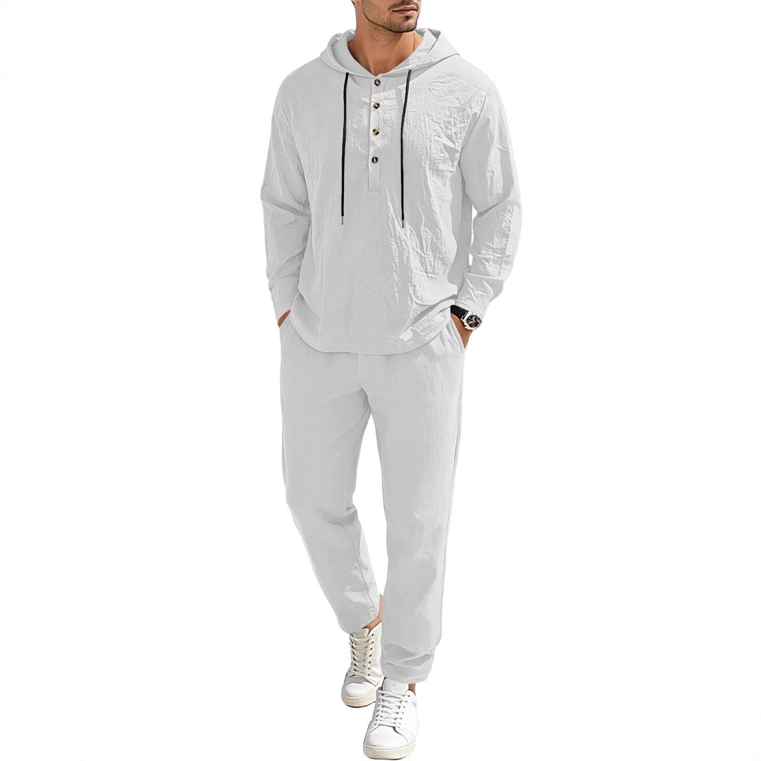 Men's relaxed hoodie Henley leisure suit made of lightweight cotton blend with linen look, featuring drawstring and elastic waistband pants Mune Fashion