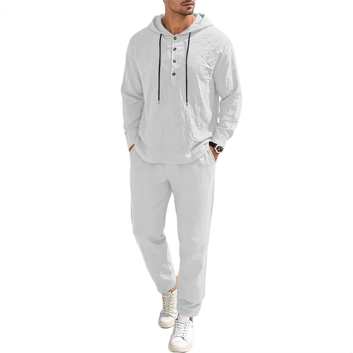 Men's relaxed hoodie Henley leisure suit made of lightweight cotton blend with linen look, featuring drawstring and elastic waistband pants Mune Fashion