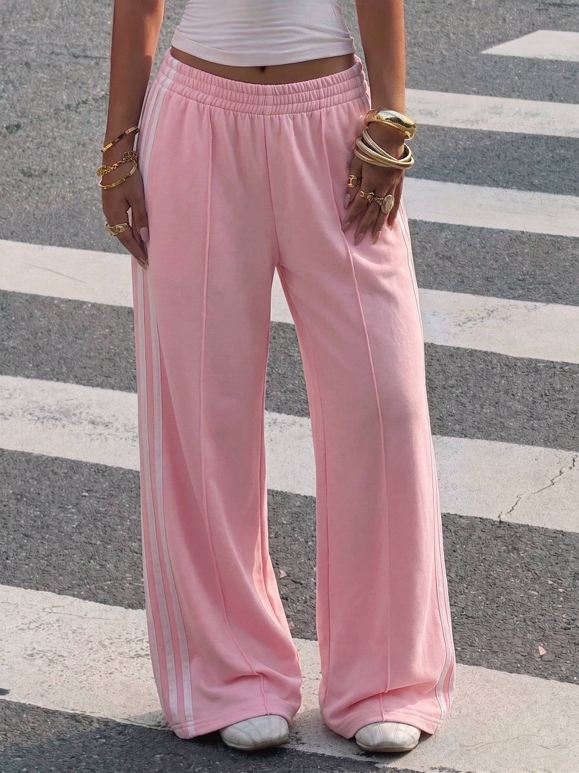 Women's Wide Training Pants with Elastic Waistband and Contrast Stripes Mune Fashion
