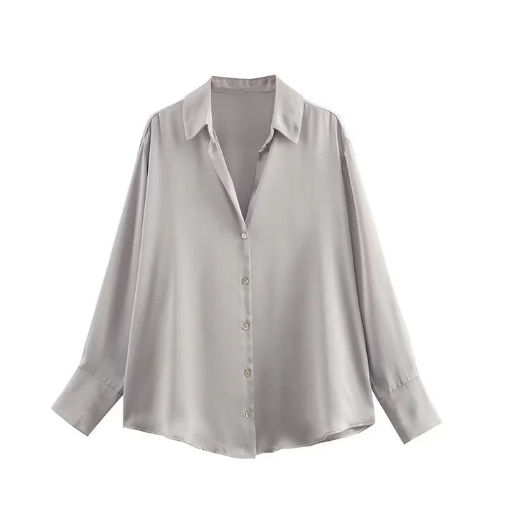 Ladies Oversized Satin Blouse with Shirt Collar and Wide Cuffs Mune Fashion