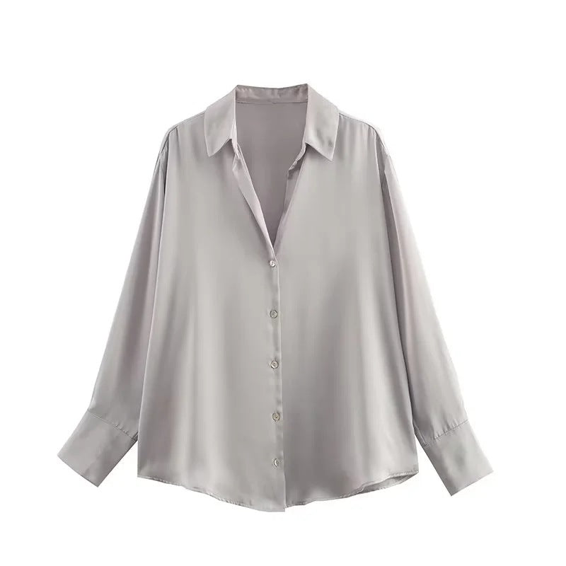 Ladies Oversized Satin Blouse with Shirt Collar and Wide Cuffs Mune Fashion