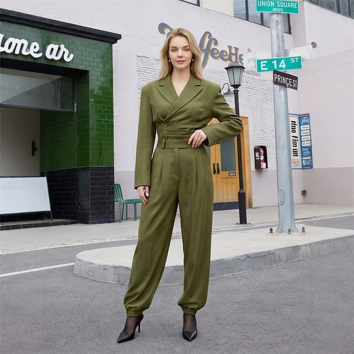 Women's Tailored Blazer Set with Asymmetrical Button Closure and Relaxed Pleated Trousers Mune Fashion