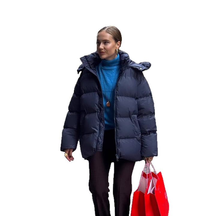 Women's Oversized Quilted Puffer Jacket with Removable Hood and Two-Way Zipper Mune Fashion