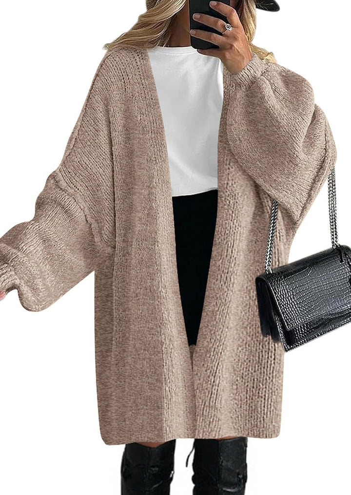Women's Oversized Knit Cardigan with Wide Balloon Sleeves and Open Front Mune Fashion