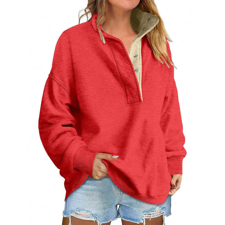 Women's Oversized Henley Sweatshirt with Stand-Up Collar and Snap Button Placket Mune Fashion