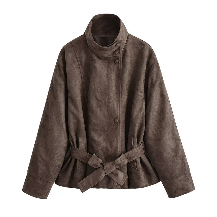 Women’s short jacket in suede look with stand-up collar and tie belt Drune