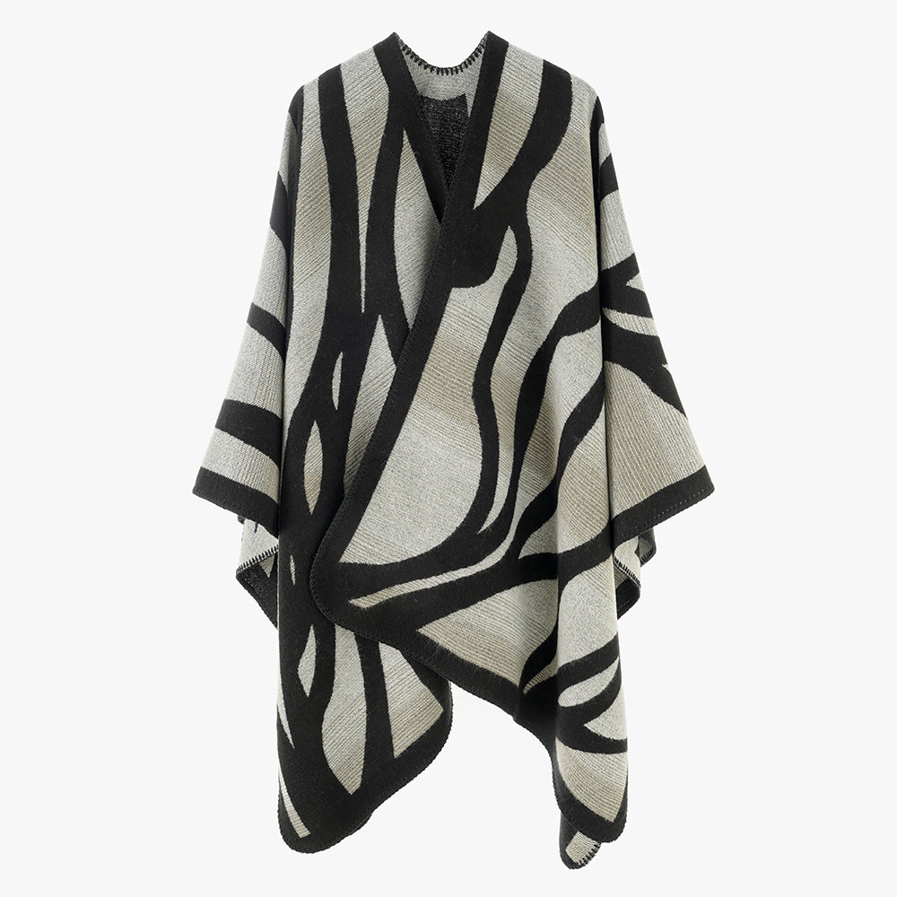 Women's textured knit cape with asymmetric wrap style and jacquard pattern Mune Fashion