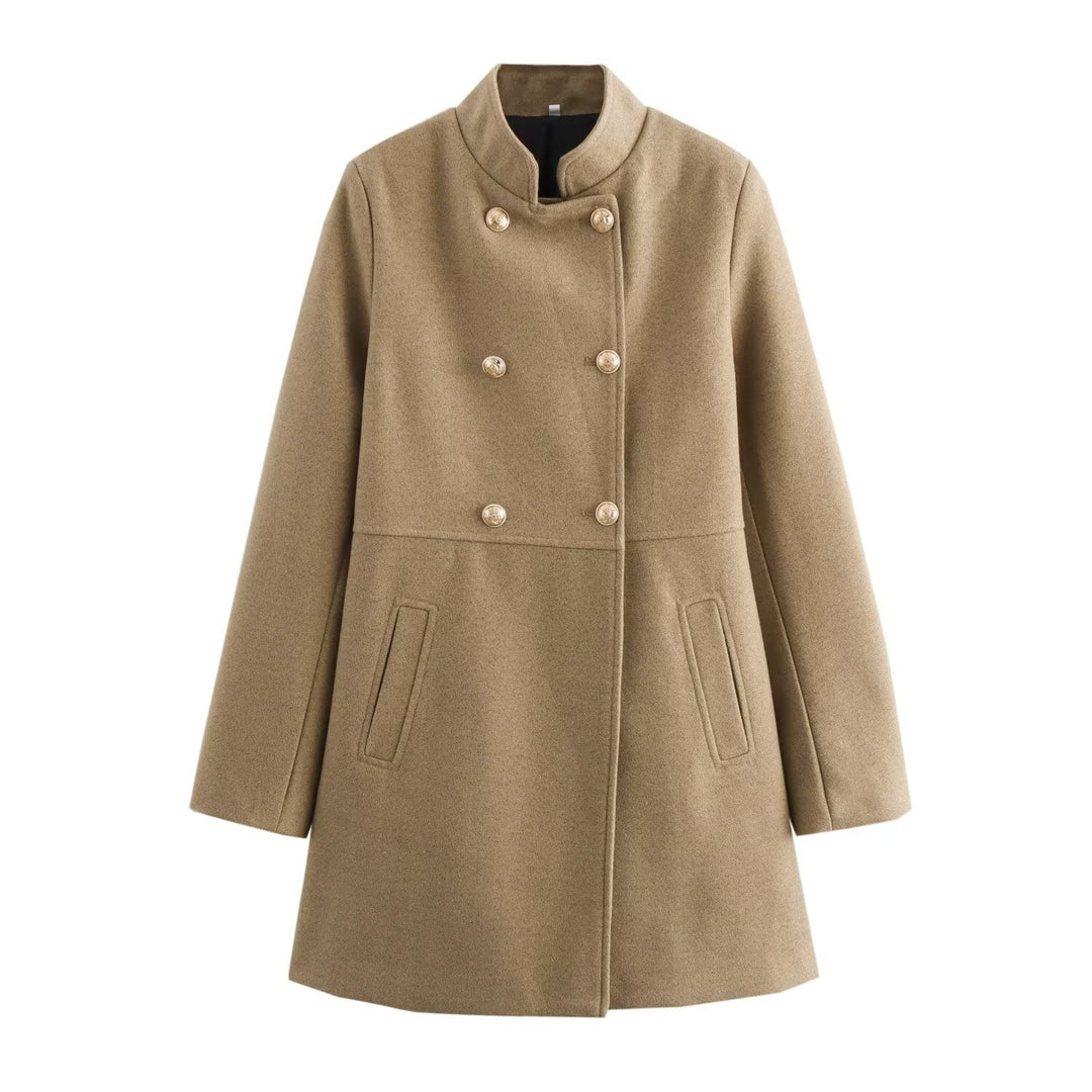 Women's Double-Breasted Wool Blend Coat with Stand Collar and Decorative Buttons Mune Fashion
