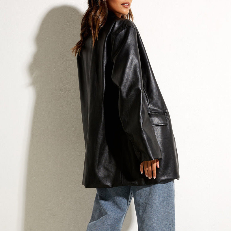 Women's Oversized Faux Leather Blazer Jacket Mune