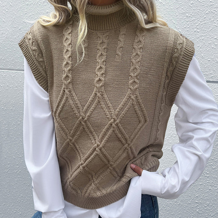 Women High-Quality Knit Top with Stand-Up Collar and Diamond Pattern Mune Fashion