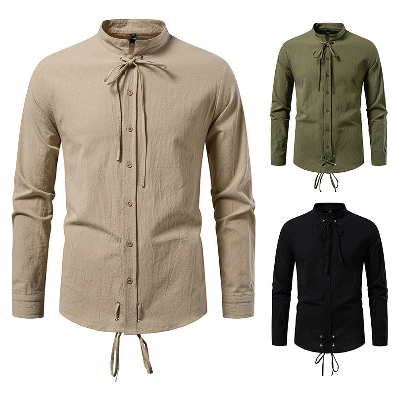 Men's Tailored Long Sleeve Shirt with Stand-Up Collar and Decorative Lacing Mune Fashion