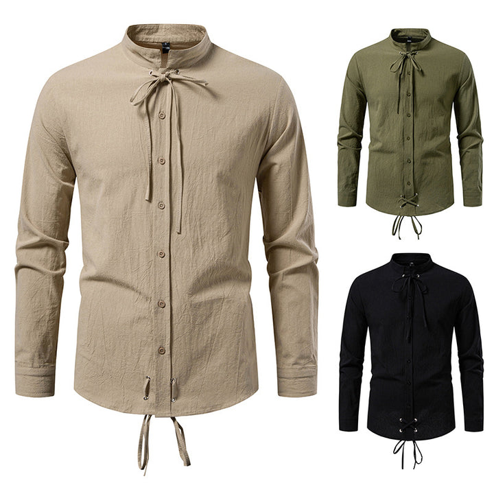 Men's Tailored Long Sleeve Shirt with Stand-Up Collar and Decorative Lacing Mune Fashion