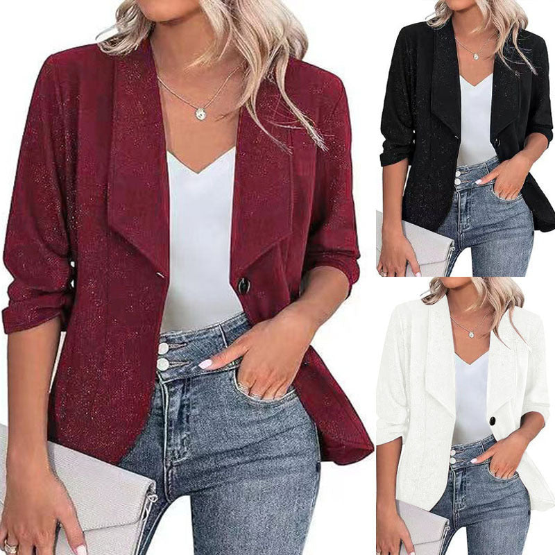 Women's Elegant Glitter Blazer with Waterfall Lapel, Tailored Fit and 3/4 Sleeves Mune Fashion