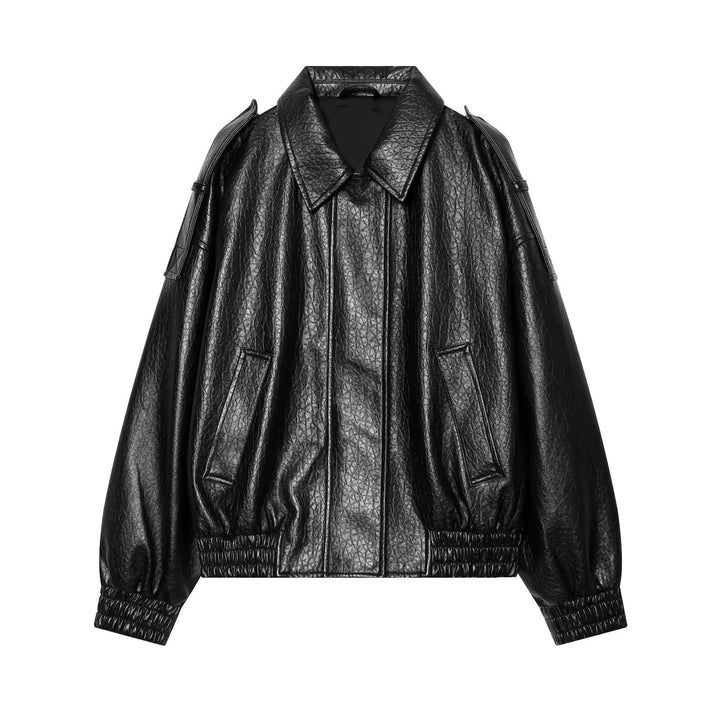 Women's Oversized Faux Leather Bomber Jacket with Epaulettes and Gathered Hem Mune Fashion
