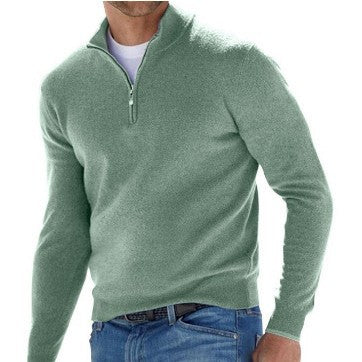 Men's Fine Knit Sweater with Short Zipper and Troyer Collar Mune Fashion