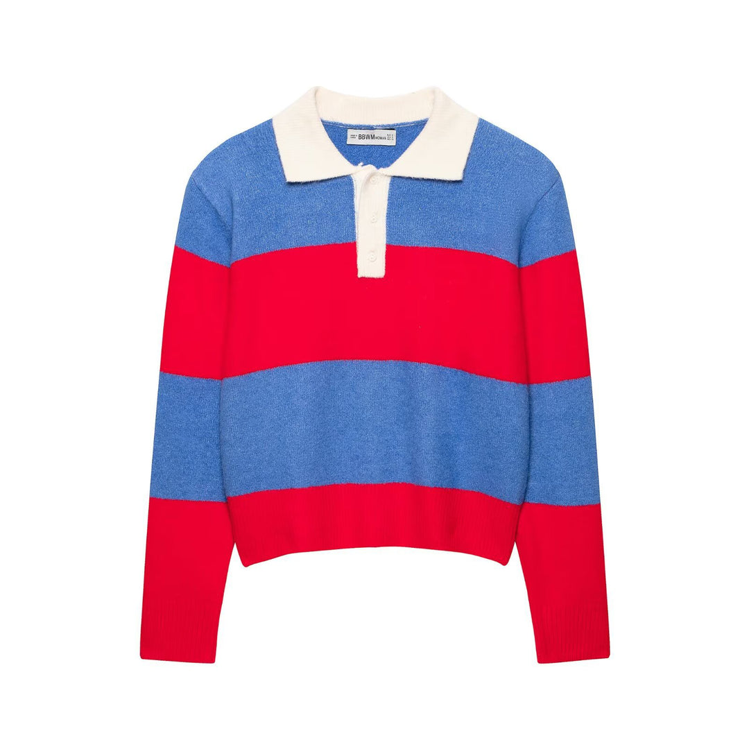 Women's Striped Rugby Sweater with Polo Collar and Short Cut Mune Fashion