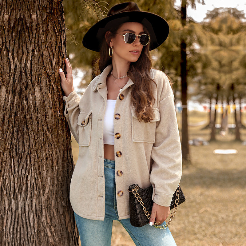 Women's Oversized Fleece Shirt Jacket with Patch Chest Pockets and Full Button Placket Mune Fashion