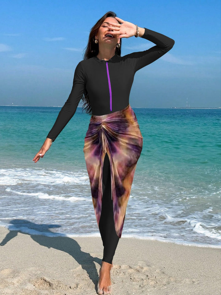 Women's fashionable long-sleeve swimsuit with elegant wrap skirt Mune Fashion