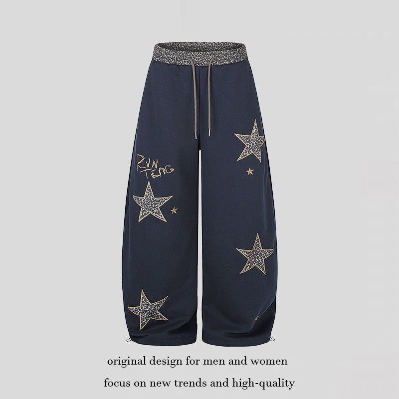 Women's Extra Wide Palazzo Sweatpants with Leo Waist, Star Appliqués and Drawstring Mune Fashion