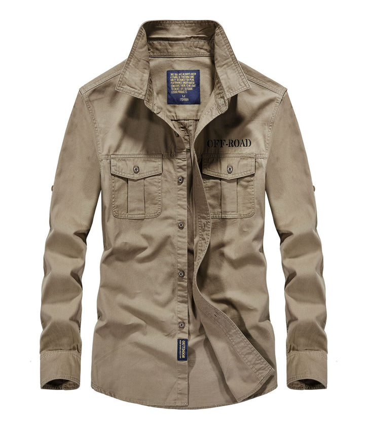 Men's Canvas Utility Field Shirt with Patch Pockets, Stand Collar, and Sleeve Roll Function Mune Fashion