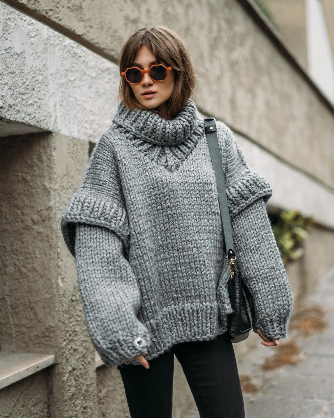 Women Oversize Chunky Knit Sweater with High Turtleneck Mune Fashion