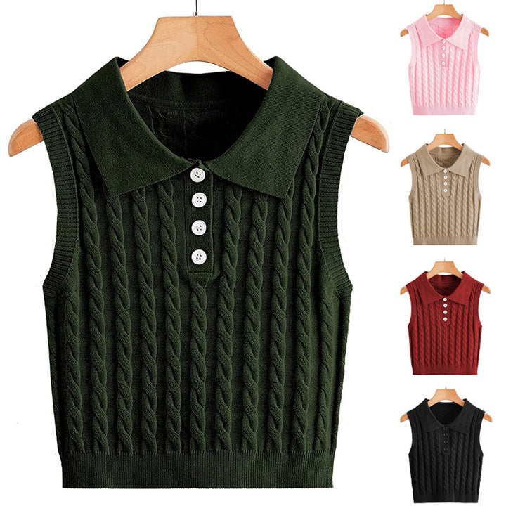 Ladies Sleeveless Knit Vest with Polo Collar and Cable Pattern Mune Fashion