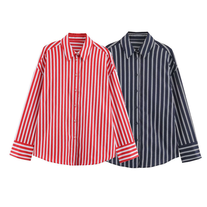 Women Oversized Striped Blouse with Shirt Collar and Cuffs Drune