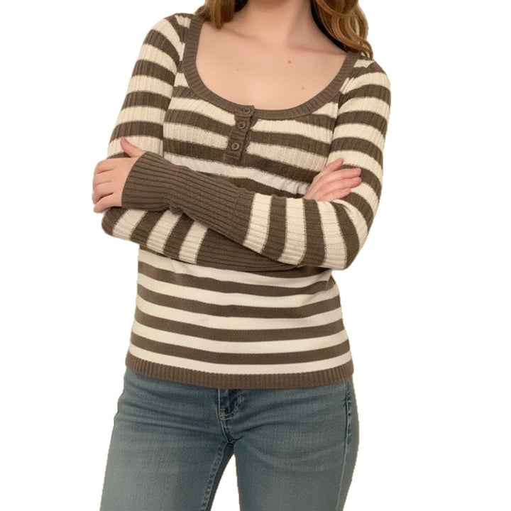 Women's Striped Ribbed Knit Shirt with Boat Neck and Decorative Button Placket Mune Fashion