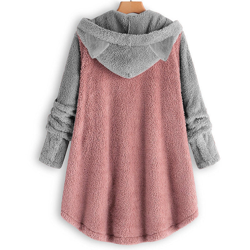 Women's Cozy Hooded Teddy Jacket with Cat Ears, Wooden Button Details and High-Low Hem Mune Fashion