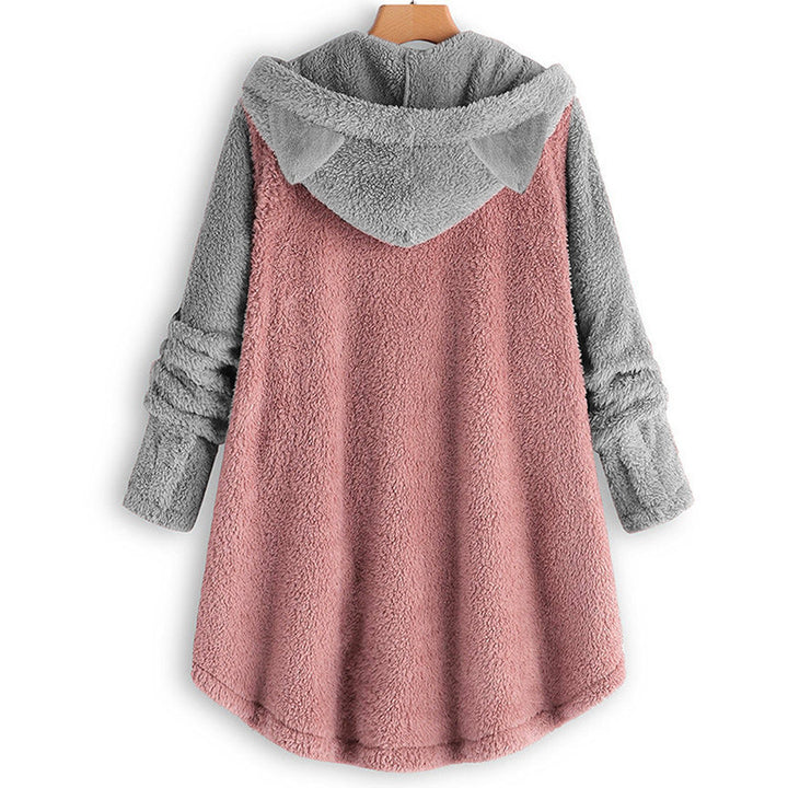 Women's Cozy Hooded Teddy Jacket with Cat Ears, Wooden Button Details and High-Low Hem Mune Fashion