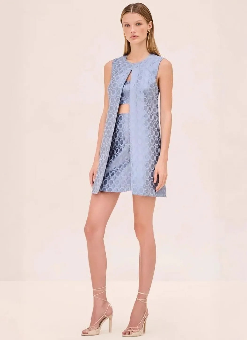 Women nan Jacquard two-piece with sleeveless long vest and fitted bustier mini dress Mune Fashion