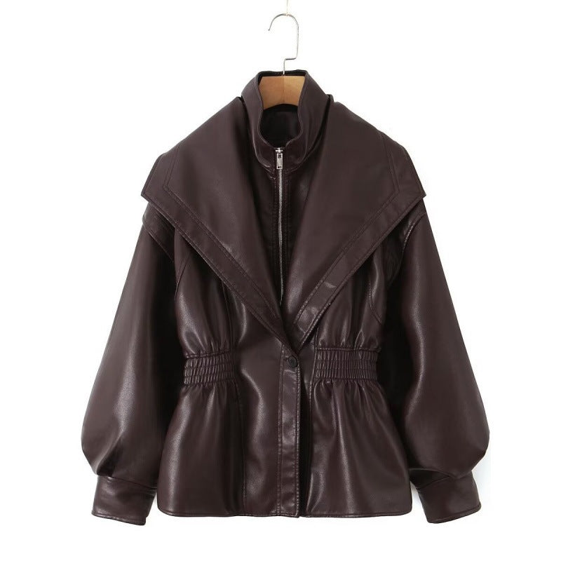 Women's Faux Leather Jacket with Wide Shawl Collar and Gathered Waistband Mune Fashion