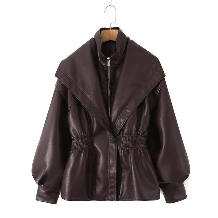 Women's Faux Leather Jacket with Wide Shawl Collar and Gathered Waistband Mune Fashion