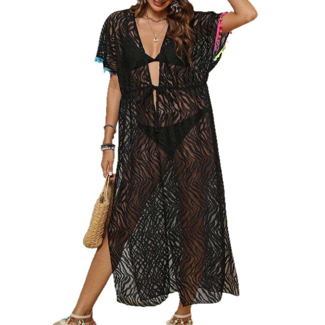 Women's elegant crochet beach cover-up with knot and ruffles Mune Fashion
