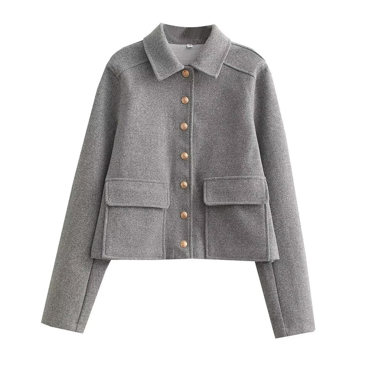 Women's short wool jacket with gold button front, patch flap pockets, and tailored silhouette Mune Fashion