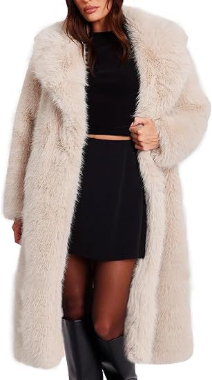 Women's Elegant Maxi Faux Fur Coat with Wide Shawl Collar and Straight Cut Mune Fashion