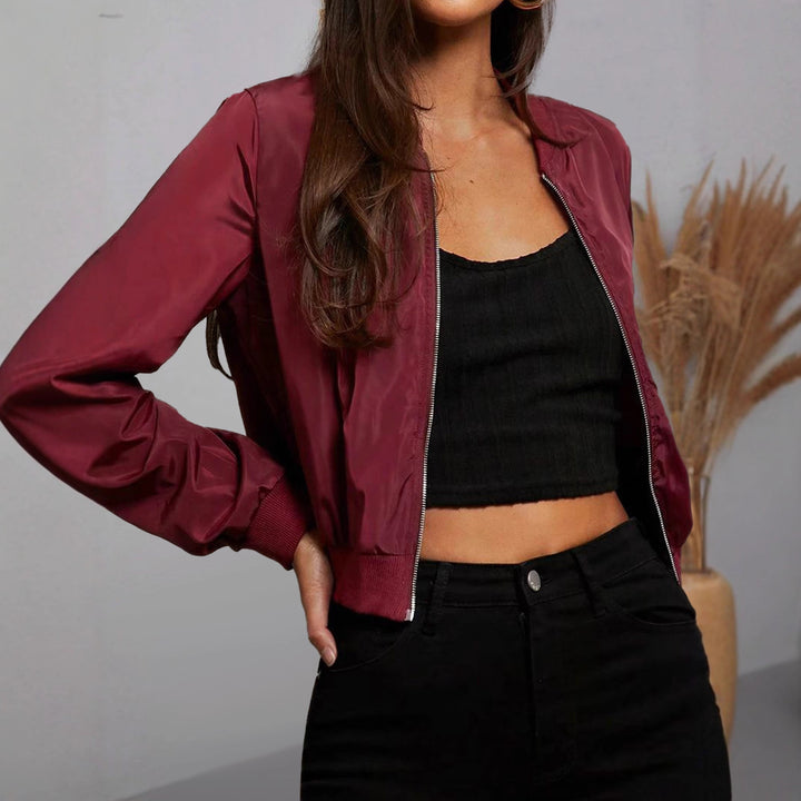 Women's Cropped Satin-Look Bomber Jacket with Arm Pocket and Elastic Hem Drune