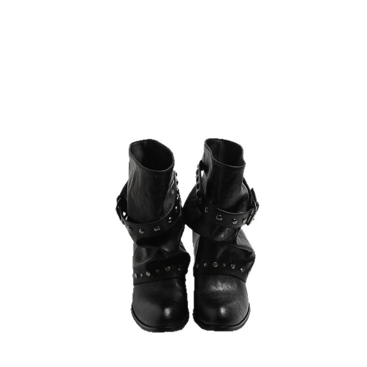 Damen Biker-inspirierte Slouch-Stiefelette mit Nietenriemen und Dornschließen-Detail Mune Fashion