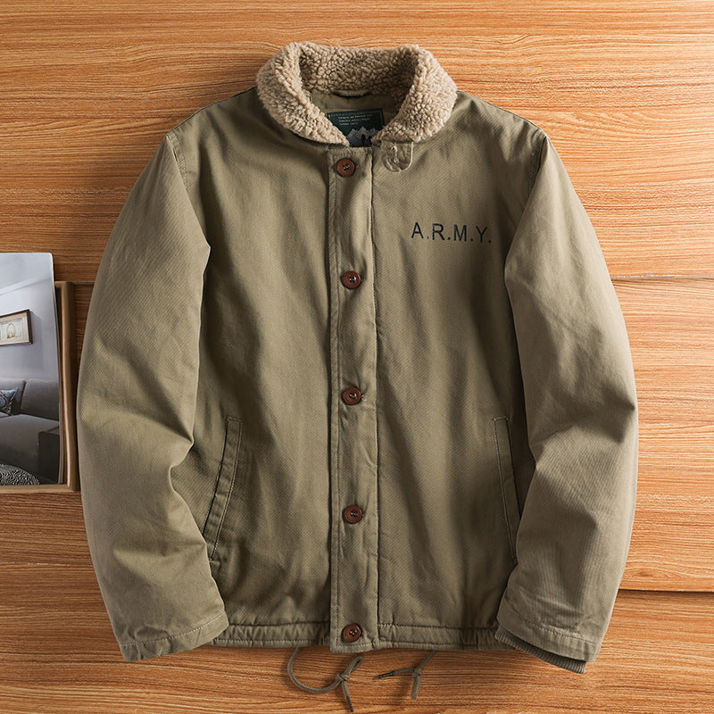 Men's military-inspired canvas jacket with teddy collar, insulating inner lining, and drawstring hood