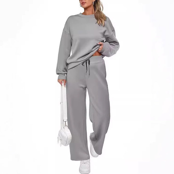 Women's two-piece French terry lounge set with oversized round neck pullover and wide high waist jogger Mune Fashion