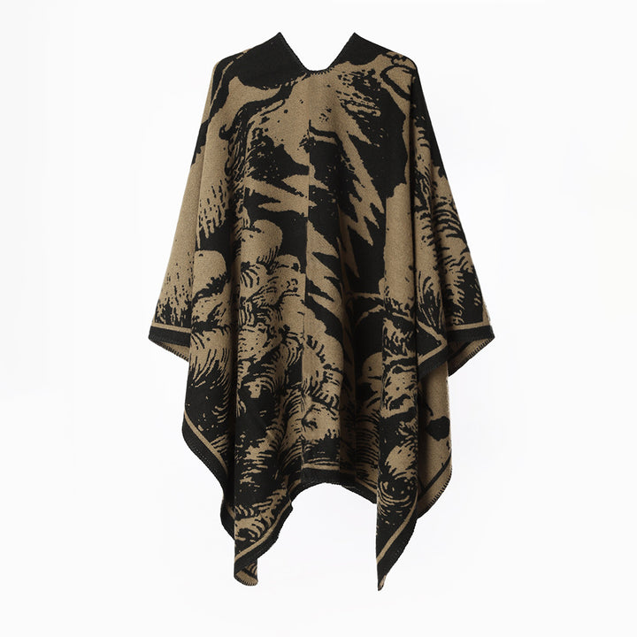Women Oversize Reversible Knit Ruana with Graphic Jacquard and Chain Edge Mune Fashion