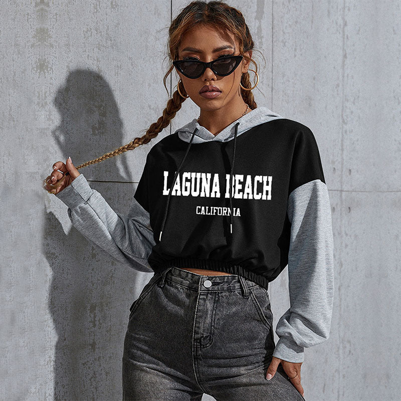 Women's Cropped Hoodie with Contrast Sleeves, Elastic Hem and Melting Smiley Print