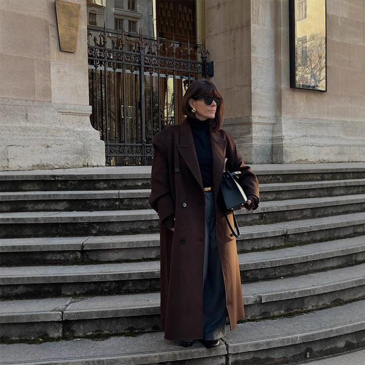 Ladies Oversize Wool Blend Coat with Extended Cocoon Cut and Double Breasted Mune Fashion