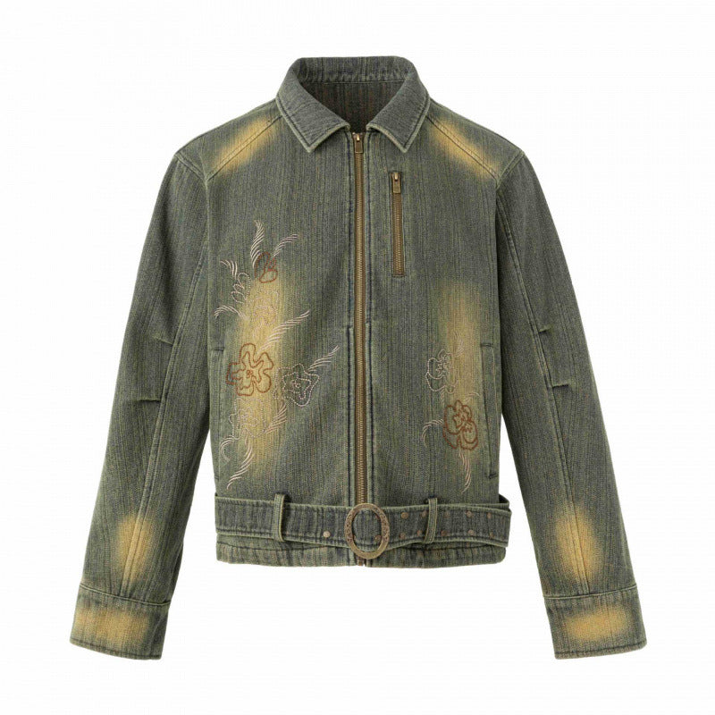 Unisex Short Cut Denim Jacket with Embroidery, Waist Belt and Front Zipper Mune Fashion