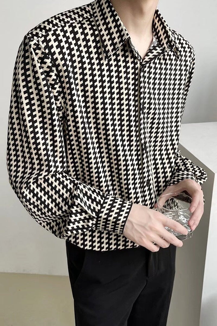 Men's Patterned Oversized Shirt with Houndstooth Motif and Classic Shirt Collar Mune Fashion