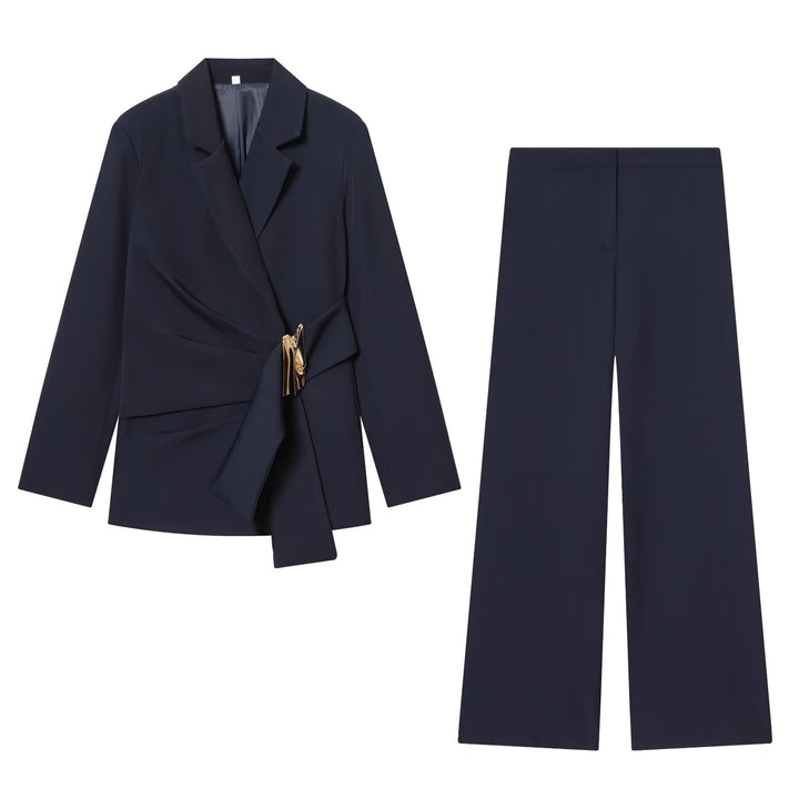 Women's Two-Piece Wrap Blazer and Palazzo Suit Set with Decorative Belt Mune Fashion