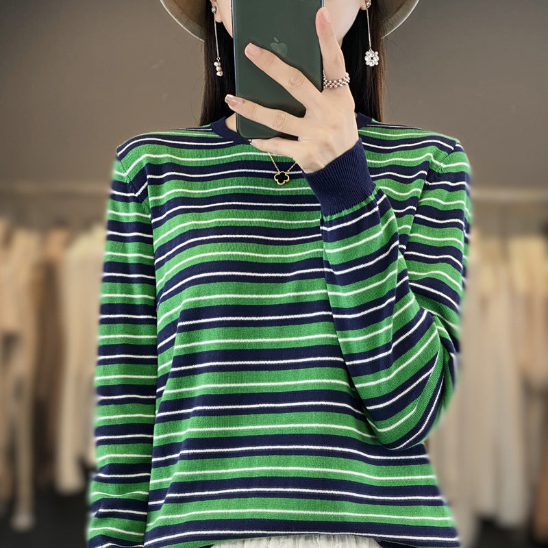 Women's Casual Stripe Fine Knit Sweater with Boxy Silhouette and Contrasting Ribbed Cuffs Mune Fashion